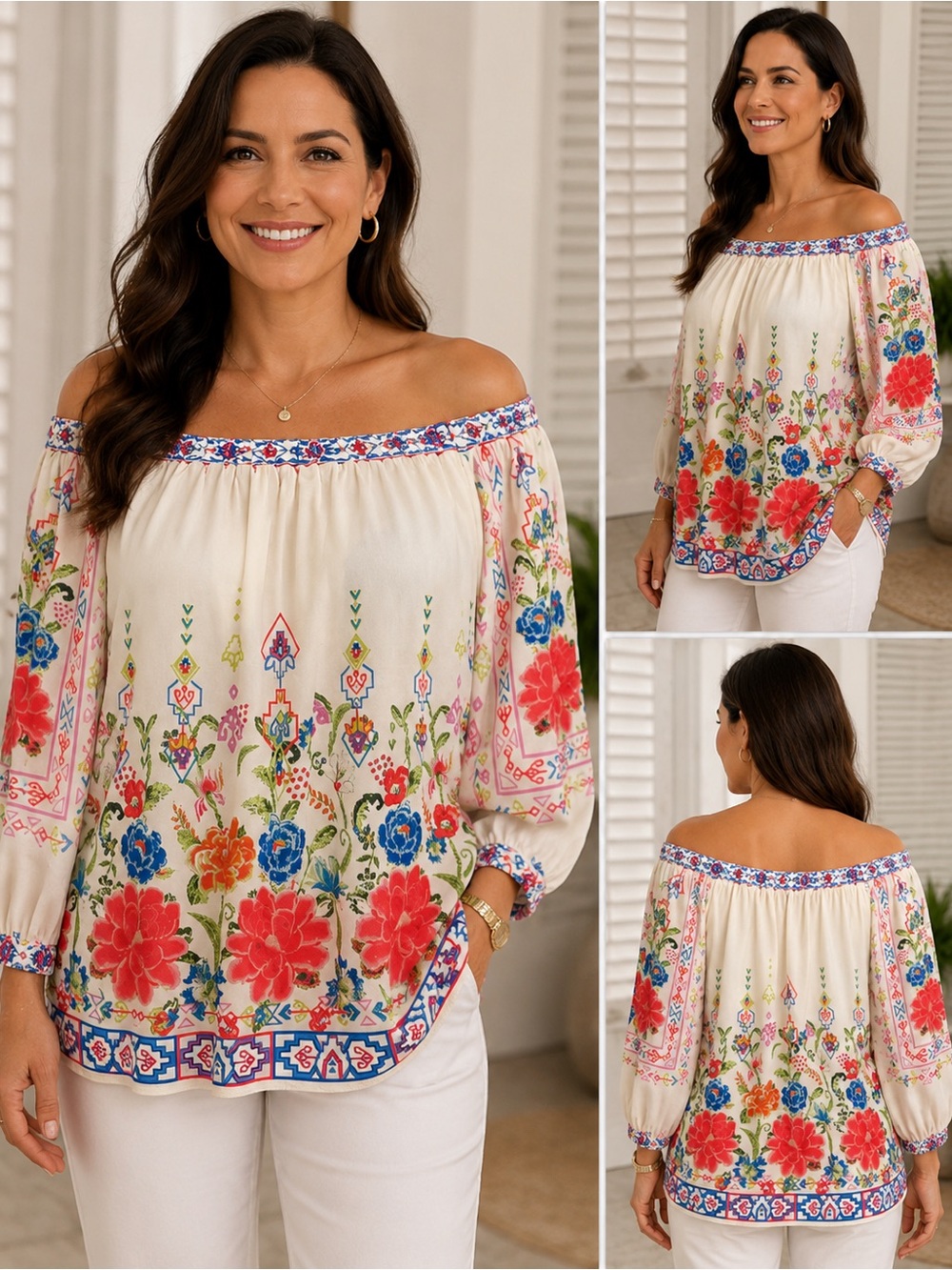 Champagne & Strawberry Off-Shoulder Floral Tunic Top Cream with Multicolor Print
